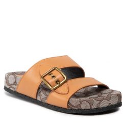 Klapki Coach. Brązowe klapki Coach, bez wzorów, bez obcasa, bez zapięcia. Za 549.99 zł.