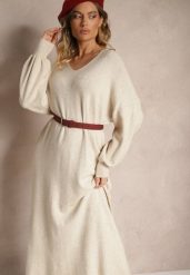 Jasnobeżowa Pudełkowa Sukienka Sweterkowa z Wiskozą ze Ściągaczami Besizia. Brązowe sukienki Renee, na co dzień, s, bez wzorów, z wiskozy, eleganckie, bez kołnierzyka, bez ramiączek, maxi, proste. W wyprzedaży za 111.99 zł.