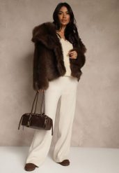 Jasnobeżowe Szerokie Spodnie Dzianinowe Ozdobione Sznurkami Meretusa. Brązowe jeansy Renee, l, bez wzorów, z dzianiny, biznesowe, z podwyższonym stanem. Za 99.99 zł.