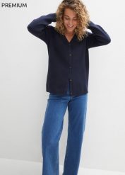 Sweter rozpinany z dzianiny Milano w prążek. Niebieskie swetry bonprix, bez wzorów, z dzianiny, bez ramiączek. Za 119.99 zł.