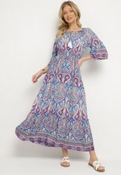 Niebieska Rozkloszowana Sukienka Bawełniana we Wzór Paisley z Chwostami Elliassa. Niebieskie sukienki Born2be, na co dzień, l, bez wzorów, z bawełny, bez kołnierzyka, bez ramiączek, rozkloszowane. Za 99.99 zł.