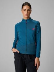 4F Bluza trekkingowa slim bez kaptura damska - turkusowa XS. Niebieskie bluzy 4f, na lato, l, bez wzorów, z materiału, bez kaptura. Za 199.99 zł.