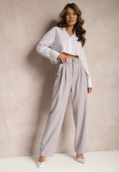 Szare Spodnie High Waist w Stylu Garniturowym z Paskami i Klamerkami Daklena. Szare jeansy Renee, l, bez wzorów, z jeansu, eleganckie, z podwyższonym stanem. W wyprzedaży za 89.99 zł.