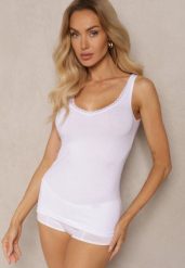 Biały Top z Bawełny na Ramiączkach z Koronkową Tasiemką Careia. Białe topy Renee, l, bez wzorów, z bawełny, eleganckie, bez kołnierzyka, bez ramiączek. W wyprzedaży za 23.99 zł.