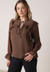 Brązowa Romantyczna Bluzka z Falbankami i Wiązaniem przy Dekolcie Zeaniyana. Brązowe bluzki Born2be, l, bez wzorów, z jeansu, bez kołnierzyka, bez ramiączek. Za 109.99 zł.