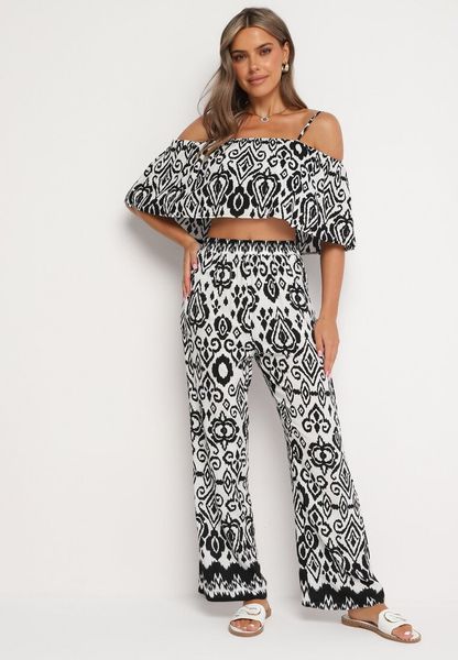 Czarno-Biały Bawełniany Komplet Bluzka na Ramiączkach Spodnie z Gumką w Pasie Charivia. Czarne bluzki Born2be, l, bez wzorów, z bawełny, bez kołnierzyka, bez ramiączek. Za 99.99 zł.