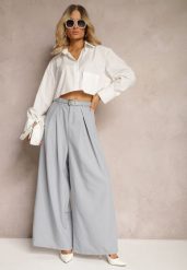 Szare Szerokie Spodnie w Stylu Palazzo z Paskiem Detalia. Szare jeansy Renee, l, bez wzorów, z jeansu, biznesowe, z podwyższonym stanem, długie. W wyprzedaży za 135.99 zł.