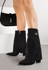 Czarne Botki z Ekozamszu na Słupkowym Obcasie z Cholewką Imitującą Nogawkę Emmidre. Czarne botki Renee, bez wzorów, z jeansu, bez obcasa, na obcasie, bez zapięcia. Za 159.99 zł.