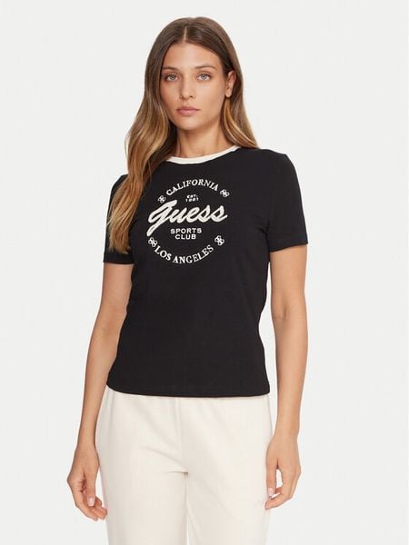 Guess T-Shirt V5BI03 J1314 Czarny Slim Fit. Czarne t-shirty Guess, s, z aplikacjami, z bawełny, bez kołnierzyka, bez ramiączek. Za 109.99 zł.