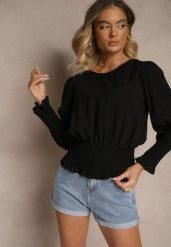 Czarna Bluzka z Wiskozą Ozdobiona Ściągaczami Tosara. Czarne bluzki Renee, bez wzorów, z jeansu, bez kołnierzyka, bez ramiączek. W wyprzedaży za 55.99 zł.