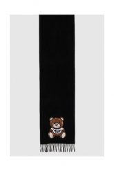 MOSCHINO Czarny szalik damski z misiem z cekinów. Czarne szaliki i kominy MOSCHINO, z aplikacjami, z wełny. W wyprzedaży za 499.99 zł.