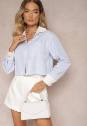 Niebieska Koszula o Skróconym Fasonie z Cyrkoniami Levima. Niebieskie koszule Renee, m, bez wzorów, z jeansu, eleganckie, bez kołnierzyka, bez ramiączek. W wyprzedaży za 75.99 zł.