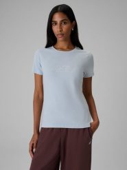 4F T-shirt slim z nadrukiem damski - niebieski XS. Niebieskie t-shirty 4f, m, bez wzorów, z bawełny, klasyczne, bez kołnierzyka, bez ramiączek. Za 59.99 zł.