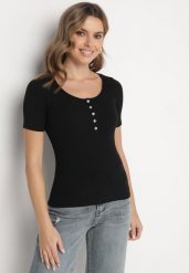 Czarny Prążkowany T-shirt z Bawełny Ozdobiony Guzikami Tasavia. Czarne t-shirty Born2be, m, z aplikacjami, z bawełny, eleganckie, bez kołnierzyka, bez ramiączek. W wyprzedaży za 42.49 zł.