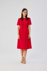 Czerwona Midi Sukienka z Ozdobnymi Zakładkami. Czerwone sukienki MOE, l, bez wzorów, z elastanu, bez kołnierzyka, bez ramiączek, midi, rozkloszowane. Za 326.90 zł.