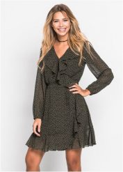 Sukienka kopertowa z falbanami. Zielone sukienki bonprix, bez wzorów, bez kołnierzyka, bez ramiączek, kopertowe. Za 159.99 zł.