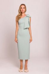 Elegancka sukienka ołówkowa na jedno ramię z kokardą miętowa. Zielone sukienki MOE, na imprezę, l, bez wzorów, z elastanu, eleganckie, z asymetrycznym kołnierzem, bez ramiączek, midi, asymetryczne. Za 389.00 zł.