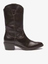 Ciemnobrązowe botki kowbojki. Brązowe botki Ryłko, bez wzorów, z denimu, klasyczne, bez obcasa, na obcasie, bez zapięcia. Za 579.99 zł.