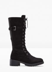 Kozaki sznurowane. Czarne kozaki bonprix, bez wzorów, eleganckie, bez obcasa, bez zapięcia. Za 209.99 zł.