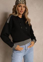 Czarna Bluza z Kapturem Ozdobiona Ściągaczami i Metaliczną Nitką Ulisiela. Czarne bluzy Renee, l, bez wzorów, z jeansu, casualowe, bez ramiączek, z kapturem. W wyprzedaży za 63.99 zł.