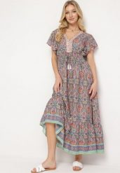 Pomarańczowa Sukienka w Stylu Boho z Cienkimi Gumkami w Pasie Ozdobiona Frędzlami Vitessa. Niebieskie sukienki Born2be, m, bez wzorów, boho, bez kołnierzyka, bez ramiączek, maxi. W wyprzedaży za 72.24 zł.