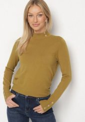 Zielony Dopasowany Golf z Aplikacjami przy Dekolcie i Rękawach Unella. Zielone swetry Born2be, l, z aplikacjami, z jeansu, eleganckie, bez ramiączek. Za 59.99 zł.