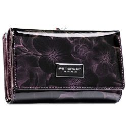 Modna fioletowa portmonetka damska w kwiaty portfel na zatrzask i bigiel lakierowana skóra ekologiczna i naturalna RFID STOP Peterson PTN PS108-FDS. Fioletowe portfele Peterson, z aplikacjami, z lakierowanej skóry. Za 109.99 zł.
