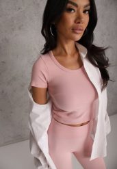 Różowy Krótki T-shirt Basic z Okrągłym Dekoltem Gresalor. Czerwone t-shirty Renee, m, bez wzorów, z jeansu, casualowe, bez kołnierzyka, bez ramiączek. Za 49.99 zł.