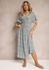 Niebieska Wiskozowa Sukienka w Stylu Boho z Krótkim Rękawem i Materiałowym Paskiem Giviata. Niebieskie sukienki Renee, na co dzień, l, bez wzorów, z materiału, boho, bez kołnierzyka, plus size, bez ramiączek, maxi. W wyprzedaży za 75.99 zł.