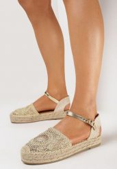 Złote Espadryle na Grubej Podeszwie z Plecionki i Ażurowym Wzorem na Cholewce Astaria. Żółte espadryle Born2be, w ażurowe wzory, boho, bez obcasa. Za 109.99 zł.