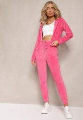 Fuksjowy Dresowy Komplet z Weluru Spodnie i Bluza z Kapturem na Suwak Styrena. Czerwone bluzy Renee, m, bez wzorów, z dresówki, bez ramiączek, z kapturem. W wyprzedaży za 67.99 zł.