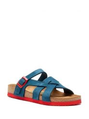 Comfortfusse Skórzane klapki w kolorze niebiesko-czerwonym rozmiar: 39. Czerwone klapki Comfortfüße, bez wzorów, z nubiku, klasyczne, z otwartym noskiem, bez obcasa, bez zapięcia. Za 231.68 zł.