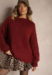 Bordowy Klasyczny Sweter z Wełną i Wiskozą o Luźnym Kroju Omethea. Czerwone swetry Renee, bez wzorów, z jeansu, casualowe, bez ramiączek. Za 169.99 zł.