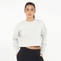 Bluza damska F ESSENCE jasnoszara. Szare bluzy LEGEA, l, bez wzorów, z bawełny, eleganckie, bez ramiączek, bez kaptura. Za 92.00 zł.