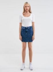 Spódnica damska mini jeansowa niebieska Aida 324. Niebieskie spódnice BIG STAR, z aplikacjami, z jeansu, retro, mini, dopasowane. W wyprzedaży za 29.99 zł.