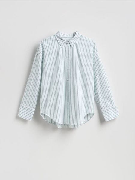 Koszula z bawełny oxford - zielony. Zielone koszule Reserved, l, bez wzorów, z bawełny, bez kołnierzyka, bez ramiączek. W wyprzedaży za 55.99 zł.
