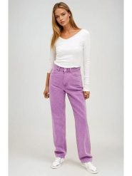 Monki Dżinsy - Comfort fit - w kolorze fioletowym rozmiar: W30. Różowe jeansy Monki, z aplikacjami, z bawełny, klasyczne, z podwyższonym stanem. Za 74.81 zł.