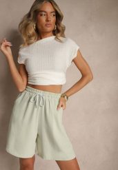 Jasnozielone Szorty z Bawełną High Waist Ozdobione Sznurkiem Talanisse. Zielone szorty Renee, z aplikacjami, z bawełny, eleganckie. W wyprzedaży za 38.49 zł.