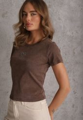 Brązowy T-shirt z Bawełny Ozdobiony Sercem z Cyrkonii Amythera. Brązowe t-shirty Renee, m, z aplikacjami, z bawełny, eleganckie, bez kołnierzyka, bez ramiączek. Za 49.99 zł.