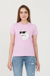 KARL LAGERFELD Lawendowy t-shirt Ikonik 2.0 Choupette. Fioletowe t-shirty KARL LAGERFELD, xs, bez wzorów, bez kołnierzyka, bez ramiączek. W wyprzedaży za 299.99 zł.