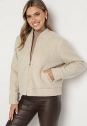 Beżowa Kurtka Ocieplana z Suwakiem Nerelivia. Brązowe kurtki Born2be, l, z aplikacjami, z jeansu, eleganckie, bez kaptura. W wyprzedaży za 146.99 zł.