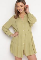 Zielona Koszulowa Sukienka w Stylu Boho z Rozkloszowanym Dołem Liorda. Zielone sukienki Born2be, l, bez wzorów, boho, bez kołnierzyka, bez ramiączek, mini, koszulowe. W wyprzedaży za 90.99 zł.