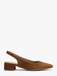 Brązowe czółenka slingback bez pięty ELIZABETH. Brązowe czółenka Ryłko, bez wzorów, z materiału, z okrągłym noskiem, bez obcasa, na obcasie, bez zapięcia. Za 379.99 zł.