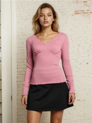 Prążkowana bluzka z długim rękawem - Inny. Bluzki Sinsay, l, bez wzorów, prążkowane, bez kołnierzyka, bez ramiączek. Za 25.99 zł.