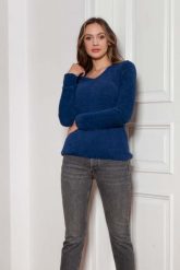 Sweter z Dekoltem w Szpic - Granatowy. Niebieskie swetry Lanti, l, bez wzorów, z materiału, bez ramiączek. Za 229.90 zł.
