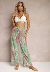 Zielono-Różowe Szerokie Spodnie Typu Palazzo z Wiskozy z Gumką w Pasie Melafea. Zielone jeansy Renee, na lato, l, bez wzorów, z jeansu, biznesowe. Za 39.99 zł.