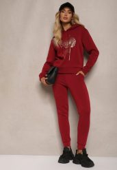 Bordowy Ocieplany Komplet Dresowy z Bawełny Spodnie i Bluza Sevida. Czerwone bluzy Renee, m, z aplikacjami, z bawełny, bez kaptura. W wyprzedaży za 79.99 zł.