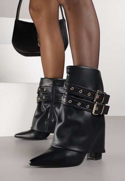 Czarne Botki Typu Kowbojki na Obcasie z Wywiniętą Cholewką i Klamrami Cidvire. Czarne botki Born2be, bez wzorów, z jeansu, eleganckie, bez obcasa, na obcasie, bez zapięcia. Za 159.99 zł.