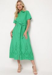 Zielona Ażurowa Sukienka z Bawełny Zapinana na Guziki z Materiałowym Paskiem Dimosa. Zielone sukienki Born2be, l, w ażurowe wzory, z bawełny, boho, bez kołnierzyka, bez ramiączek, maxi. W wyprzedaży za 178.49 zł.