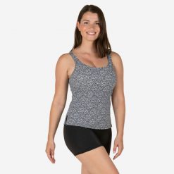 Strój jednoczęściowy pływacki damski Nabaiji Heva Leo tankini i szorty. Czarne szorty sportowe Decathlon, bez wzorów, z elastanu, do pływania. Za 119.99 zł.